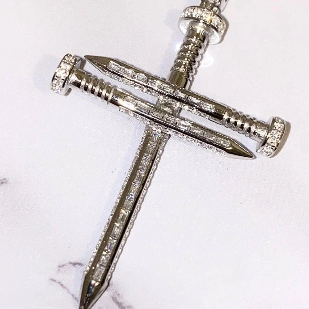 Nail Shape Cross Hip Hop Jewelry 14k Gold Plating 925 Sterling Silver Pave Zircon Cross Pendant whit Rope Chain