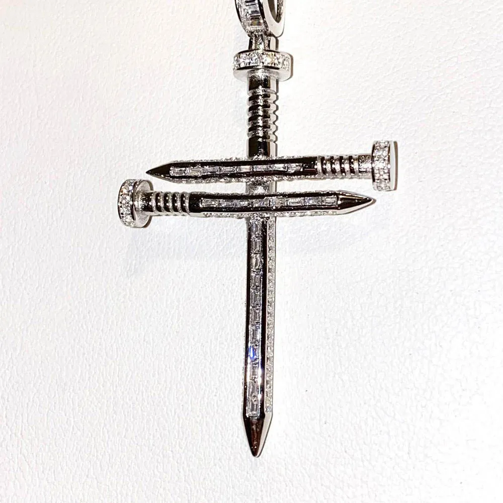 Nail Shape Cross Hip Hop Jewelry 14k Gold Plating 925 Sterling Silver Pave Zircon Cross Pendant whit Rope Chain
