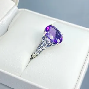 Natural Amethyst Ring, Size 4.5, Medieval Floral Filigree, Oval Gem, Vintage Jewelry, D173 - Ready to Ship