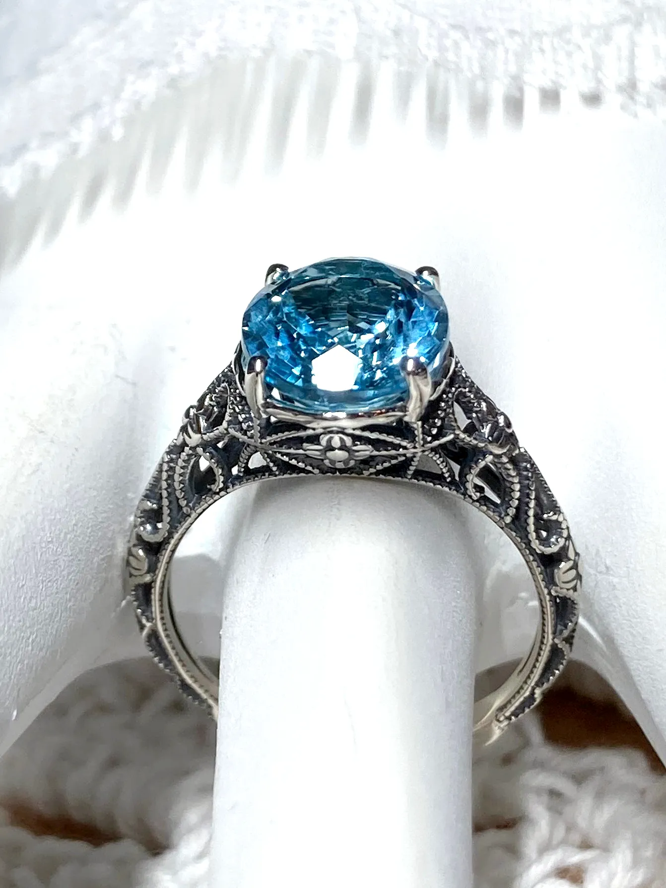 Natural Blue Topaz Ring, Medieval Floral Filigree, Oval Gem, Vintage Jewelry, D173