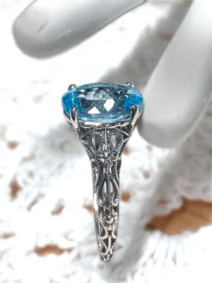 Natural Blue Topaz Ring, Medieval Floral Filigree, Oval Gem, Vintage Jewelry, D173