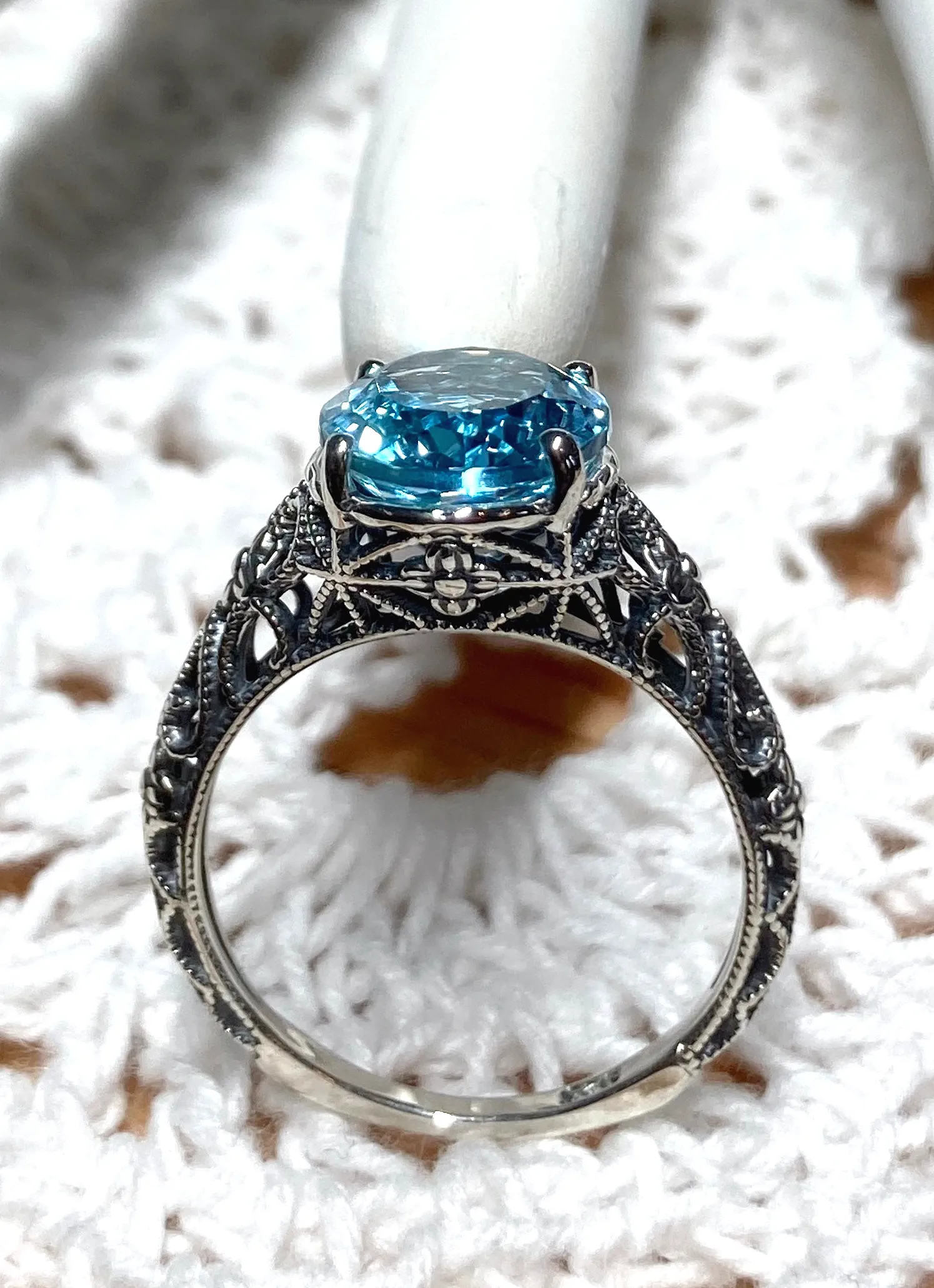 Natural Blue Topaz Ring, Medieval Floral Filigree, Oval Gem, Vintage Jewelry, D173