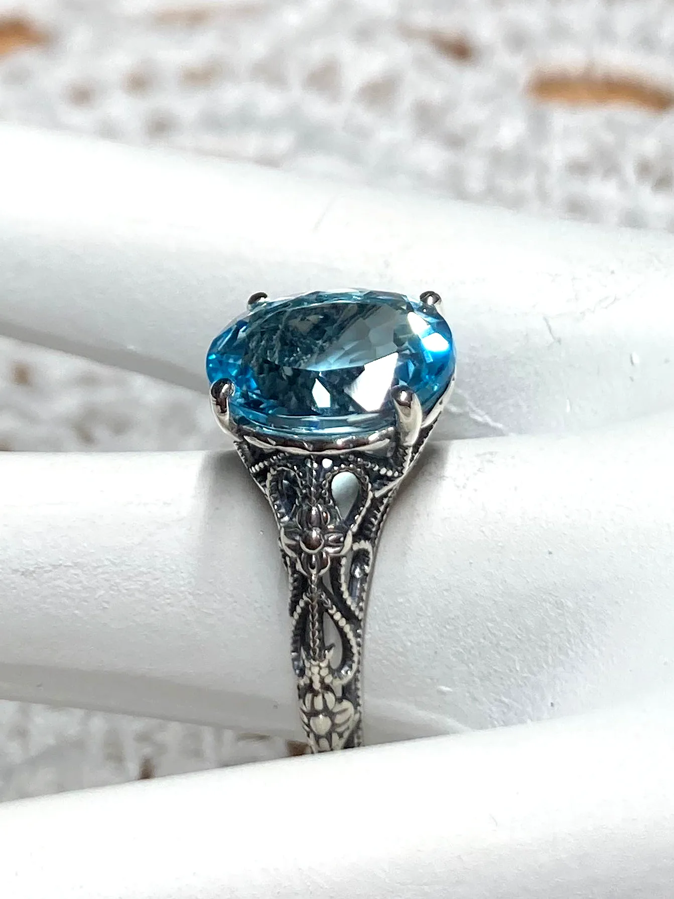 Natural Blue Topaz Ring, Medieval Floral Filigree, Oval Gem, Vintage Jewelry, D173