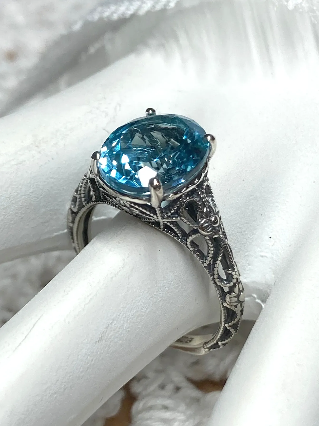 Natural Blue Topaz Ring, Medieval Floral Filigree, Oval Gem, Vintage Jewelry, D173