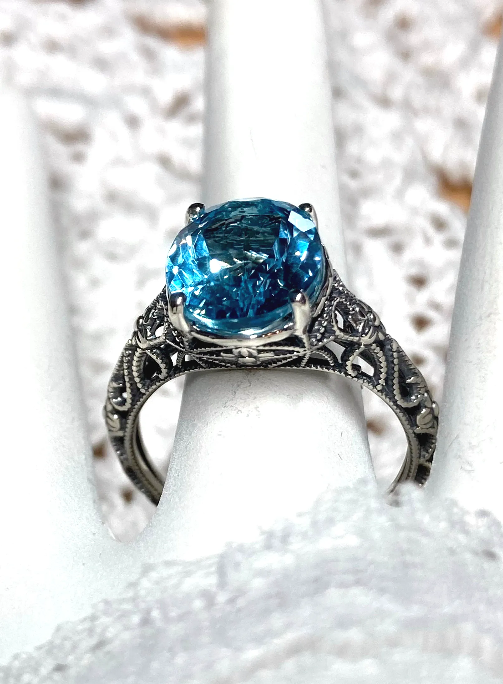 Natural Blue Topaz Ring, Medieval Floral Filigree, Oval Gem, Vintage Jewelry, D173