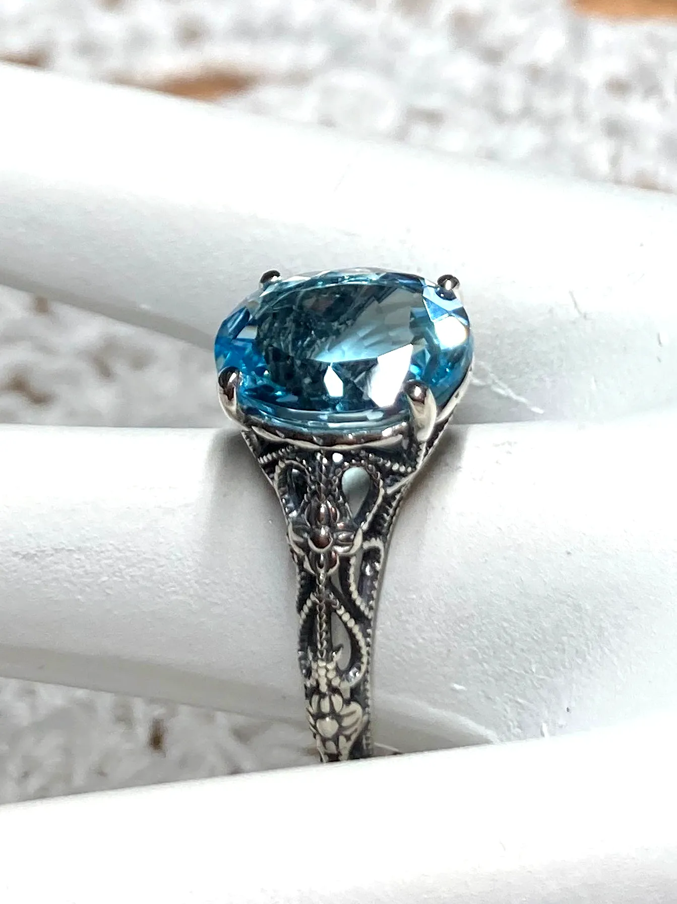 Natural Blue Topaz Ring, Medieval Floral Filigree, Oval Gem, Vintage Jewelry, D173