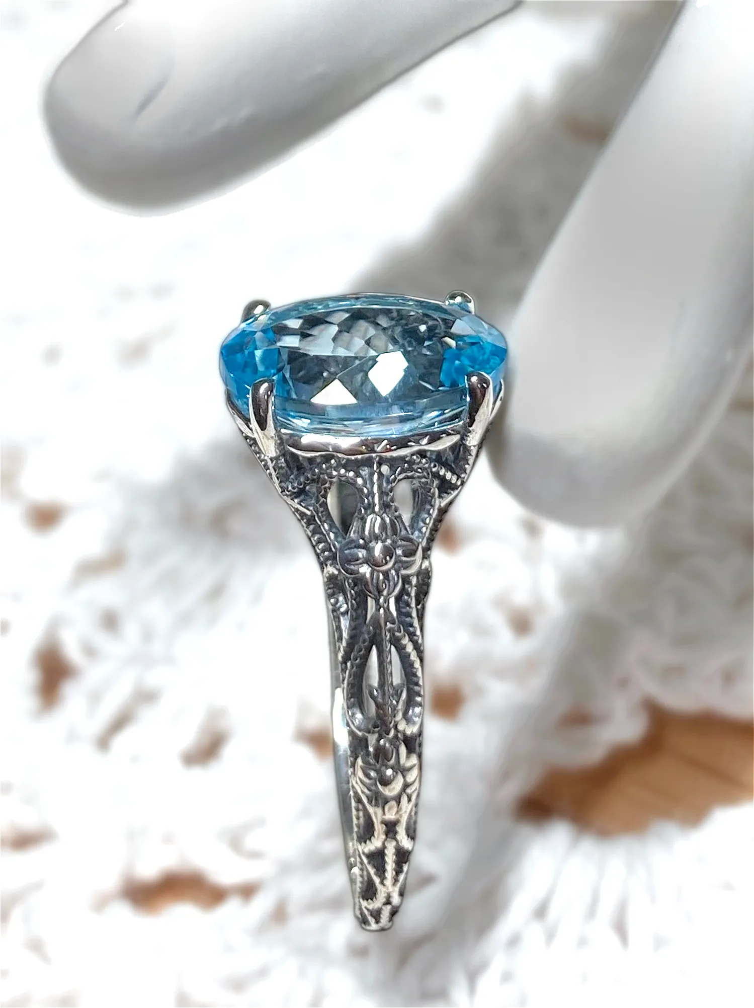 Natural Blue Topaz Ring, Medieval Floral Filigree, Oval Gem, Vintage Jewelry, D173