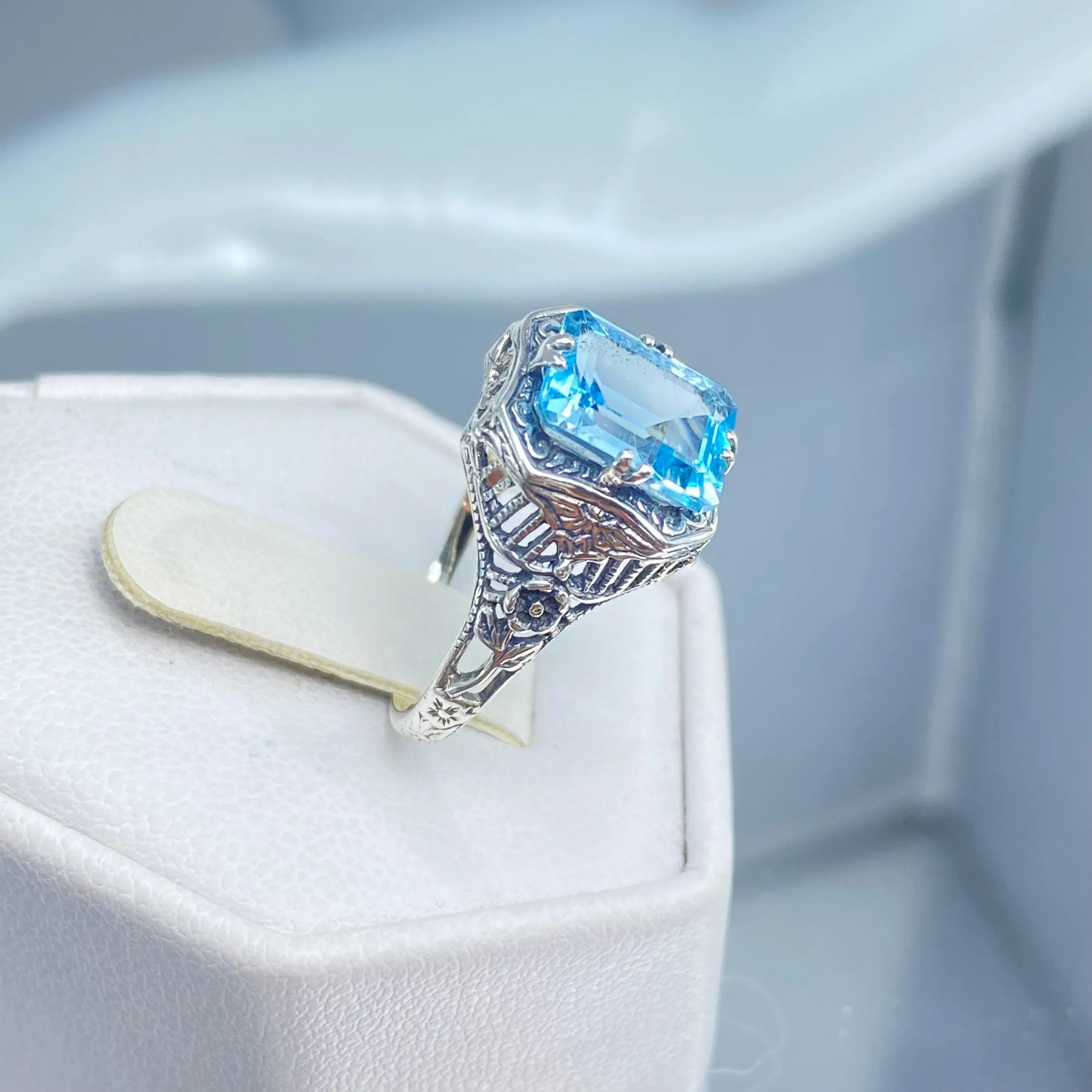 Natural Blue Topaz Ring, Size 7, Edwardian Jewelry #D148 - Ready to Ship