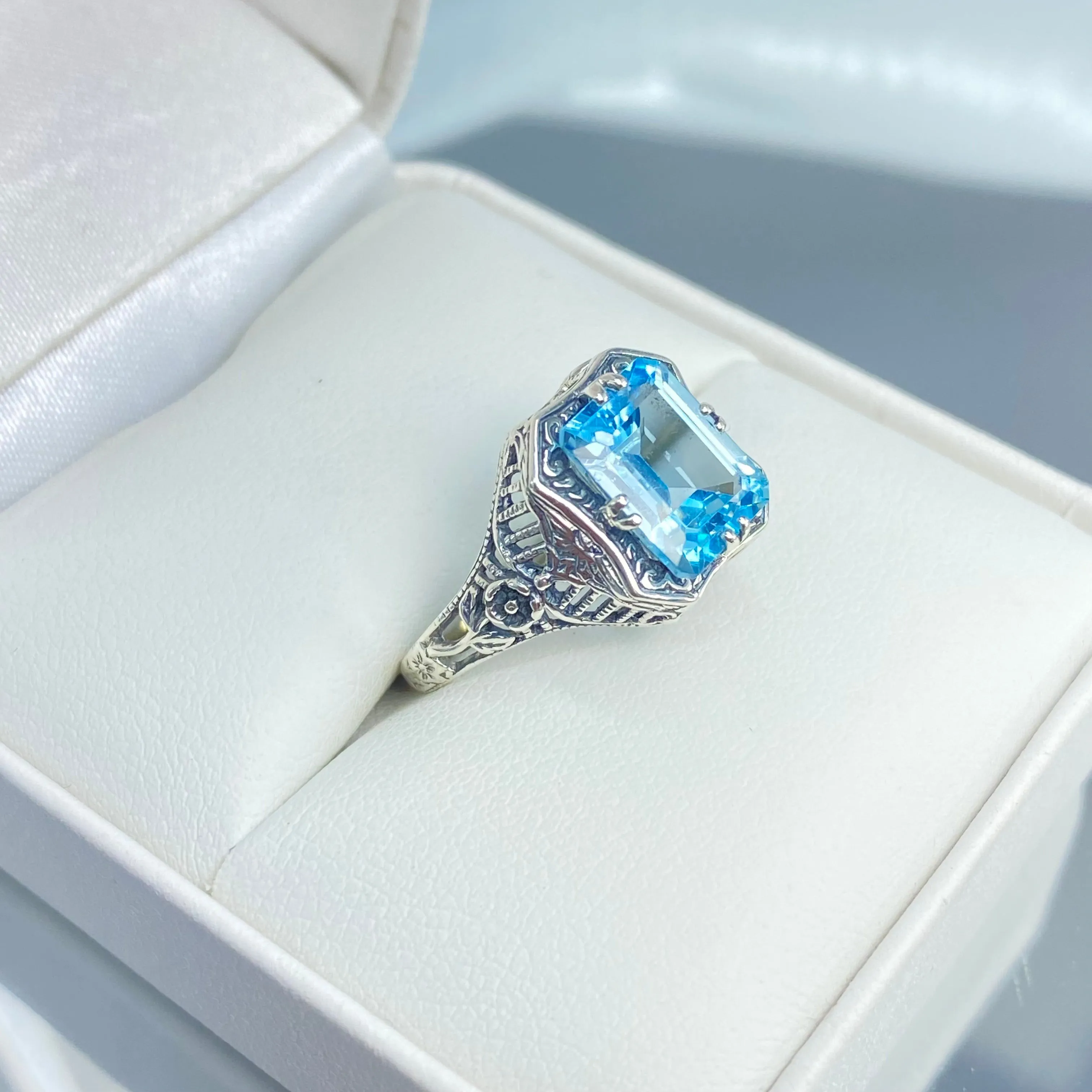 Natural Blue Topaz Ring, Size 7, Edwardian Jewelry #D148 - Ready to Ship