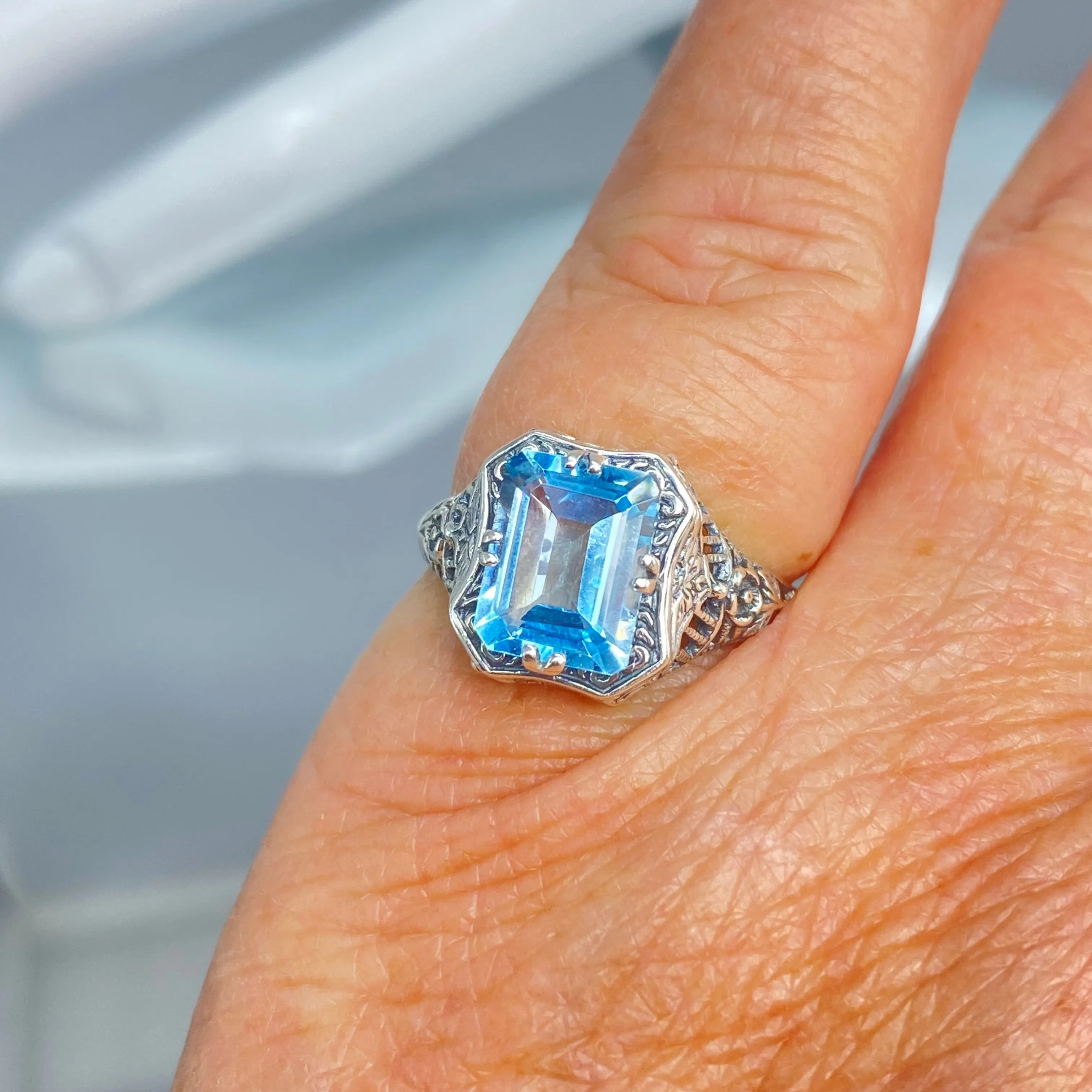 Natural Blue Topaz Ring, Size 7, Edwardian Jewelry #D148 - Ready to Ship