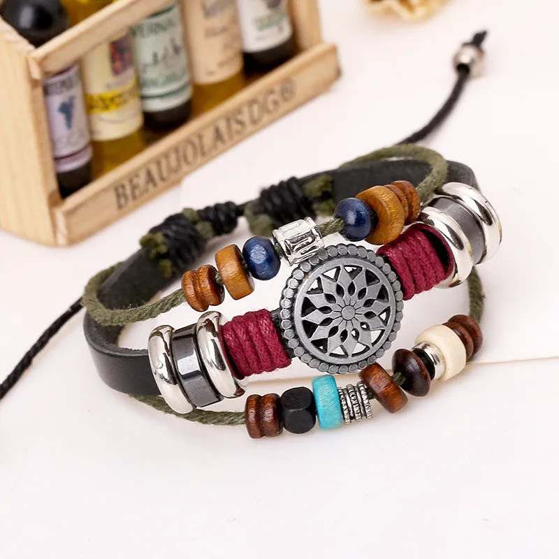 New Vintage Retro Leather Bracelet Personality Sunflower Wooden Bead Bracelet & Bangle For Women Unisex Men Jewelry Black