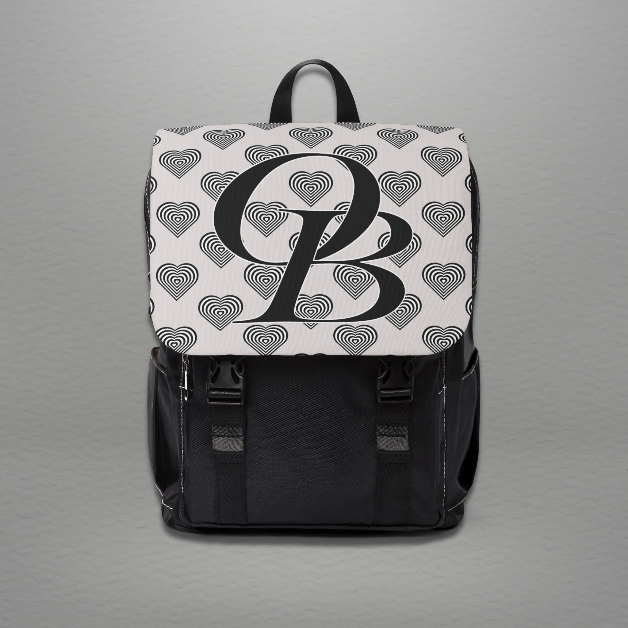 OB Varsity Letters Hearts logo design, Ghost White Unisex Commuter Shoulder Backpack