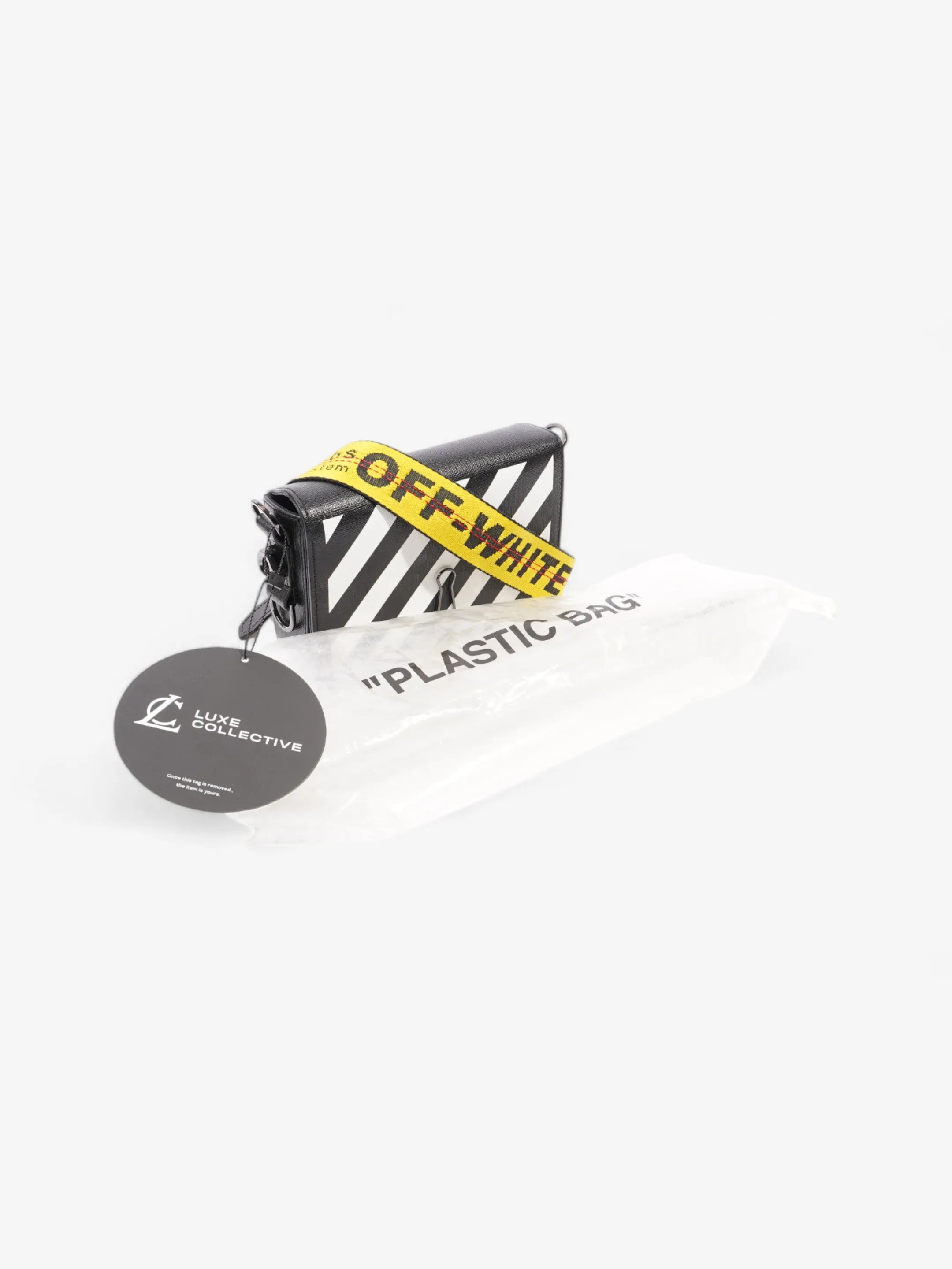 Off White Binder Clip Flap Diagonal Black / White Leather Mini