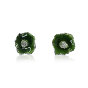 One-Of-A-Kind Silver and Green Enamel Poppy Studs
