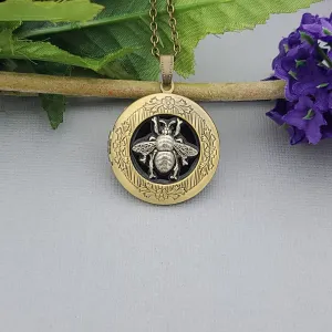 Ox Brass Round Silver Bee   Photo Locket Vintage Jewelry Gift  Locket Necklace.