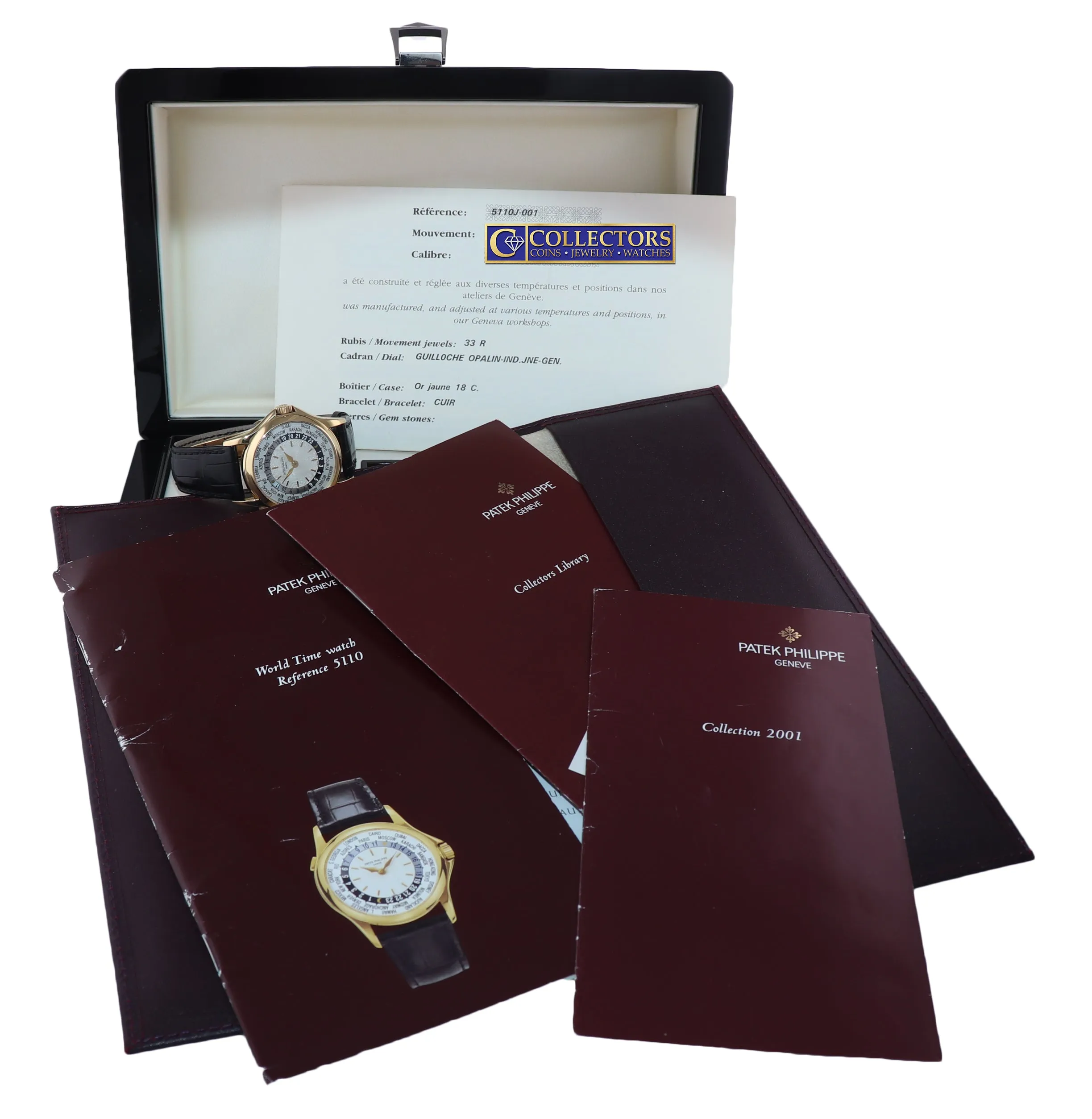 PAPERS Patek Philippe 5110J World Time 37mm Calatrava Yellow Gold Leather Watch