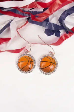 Pave Crystal and Orange Basketball Silvertone Earrings