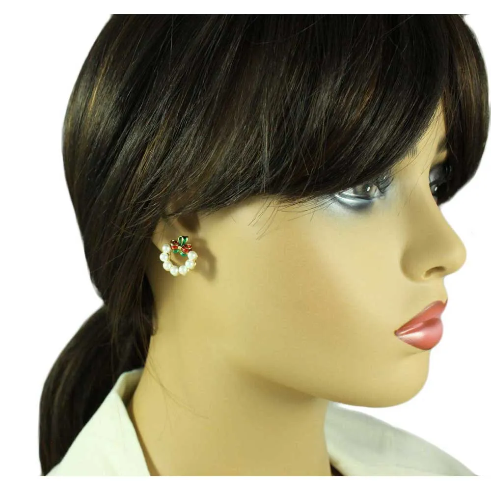 Pearl Christmas Wreath Brooch and Earring Boxed Gift Set - XP113BS