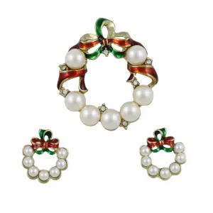 Pearl Christmas Wreath Brooch and Earring Boxed Gift Set - XP113BS