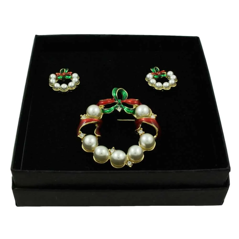 Pearl Christmas Wreath Brooch and Earring Boxed Gift Set - XP113BS