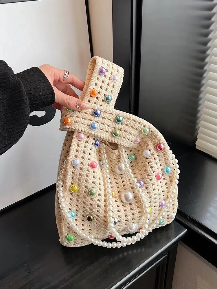 Pearl-Embellished Crochet Bucket Bag