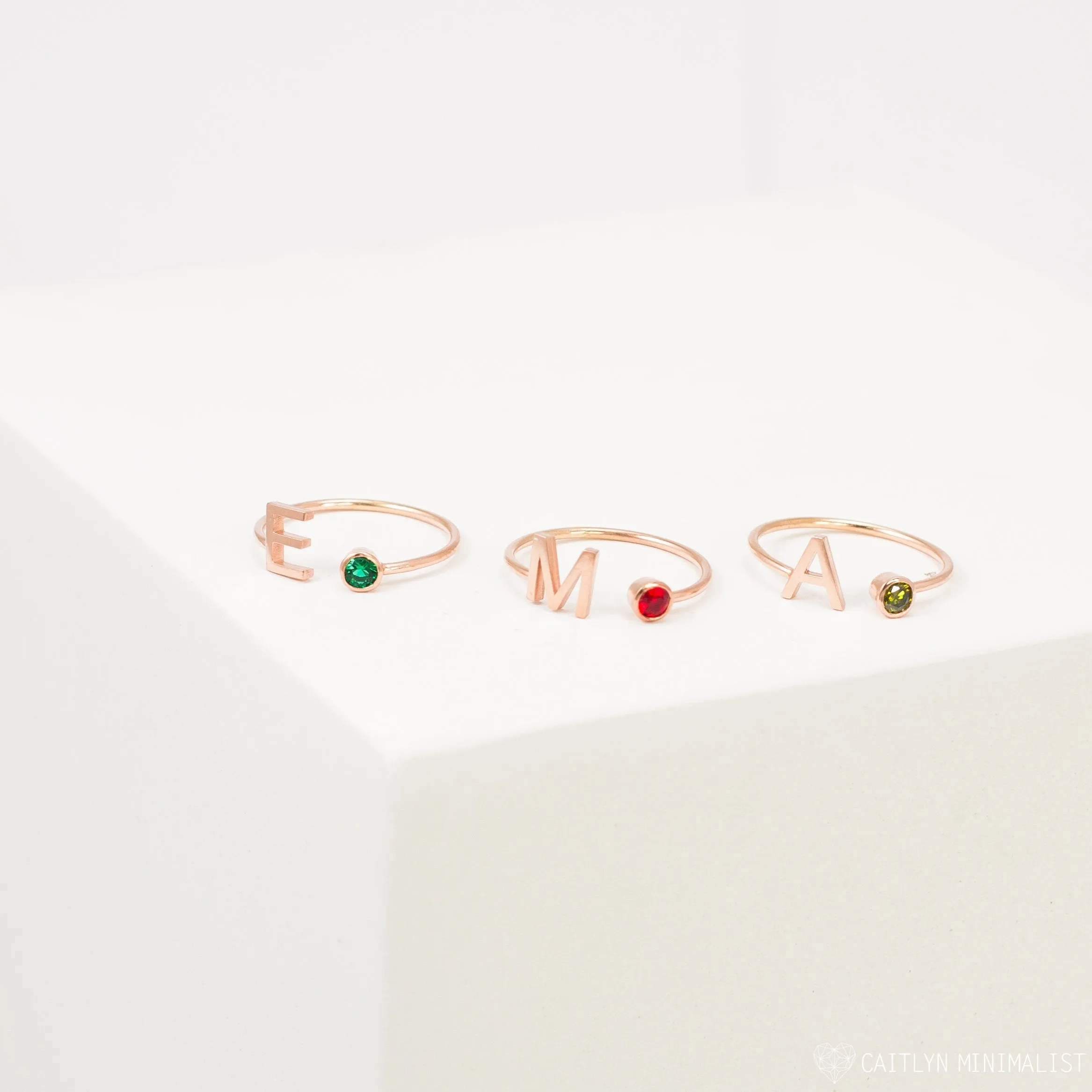 Personalized Handmade Tiny Initial Birthstone Ring