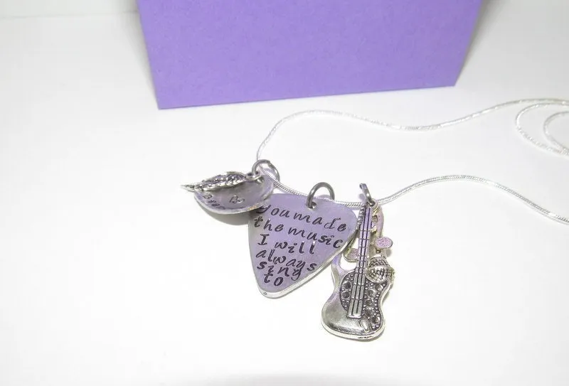 Pewter jewelry , The music I sing to memorial guitar pick necklace, personalized jewelry , custom hand stamped jewelry, handstamped jewelry