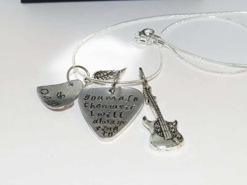 Pewter jewelry , The music I sing to memorial guitar pick necklace, personalized jewelry , custom hand stamped jewelry, handstamped jewelry
