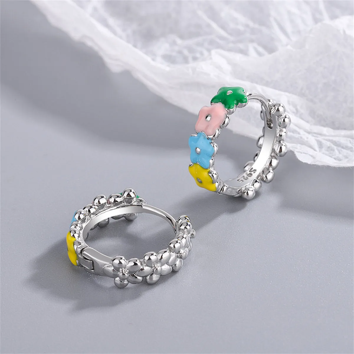 Pink & Yellow Enamel Silver-Plated Flower Huggie Earrings