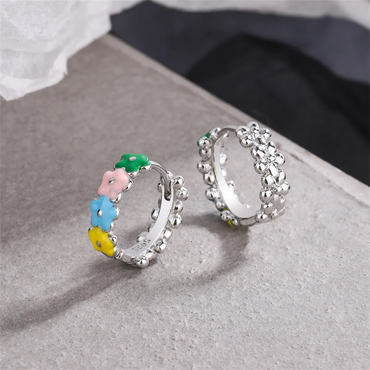Pink & Yellow Enamel Silver-Plated Flower Huggie Earrings