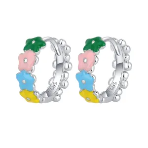 Pink & Yellow Enamel Silver-Plated Flower Huggie Earrings