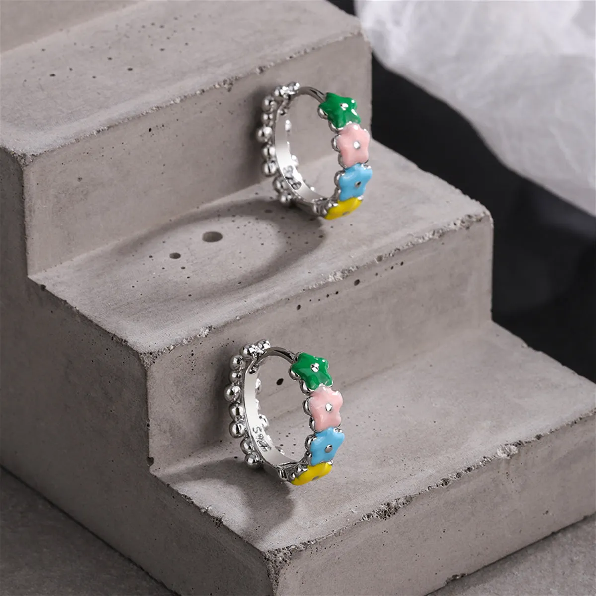 Pink & Yellow Enamel Silver-Plated Flower Huggie Earrings