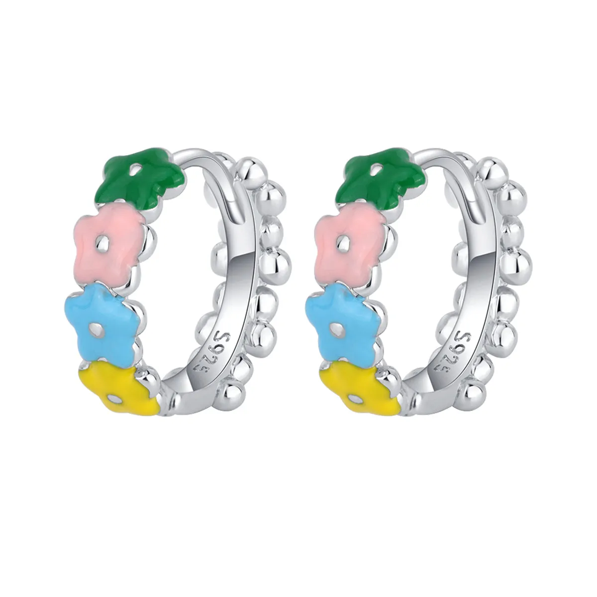 Pink & Yellow Enamel Silver-Plated Flower Huggie Earrings