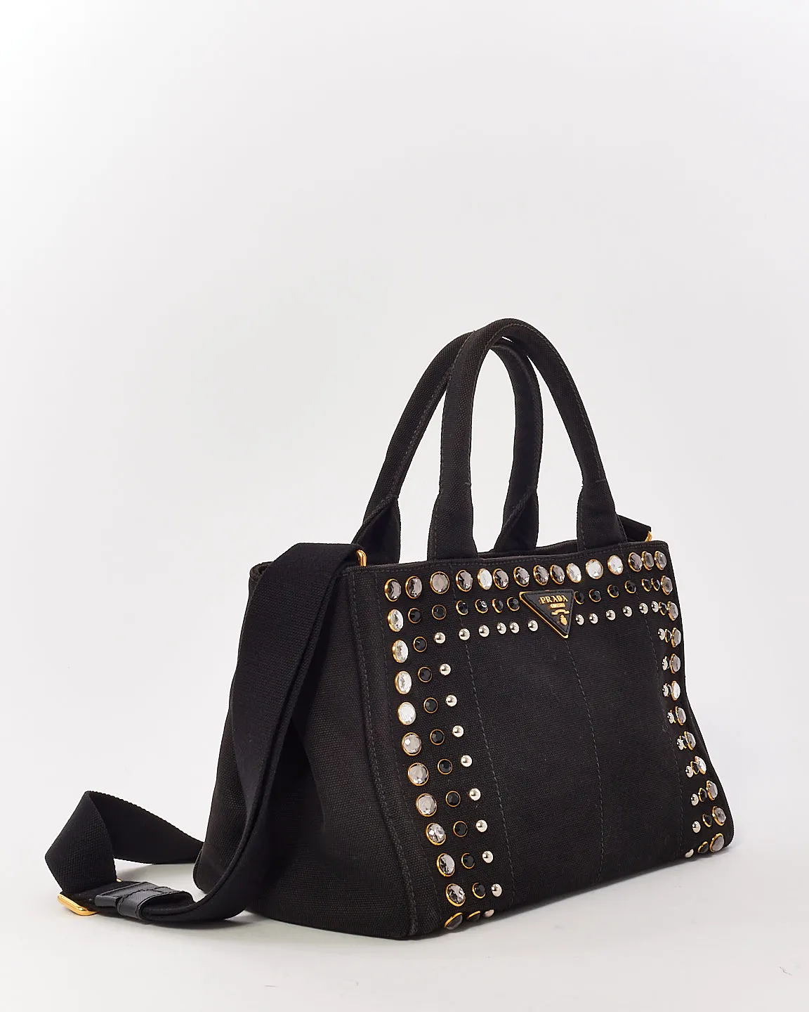 Prada Black Canvas Crystal Embellished Canape Tote with Strap