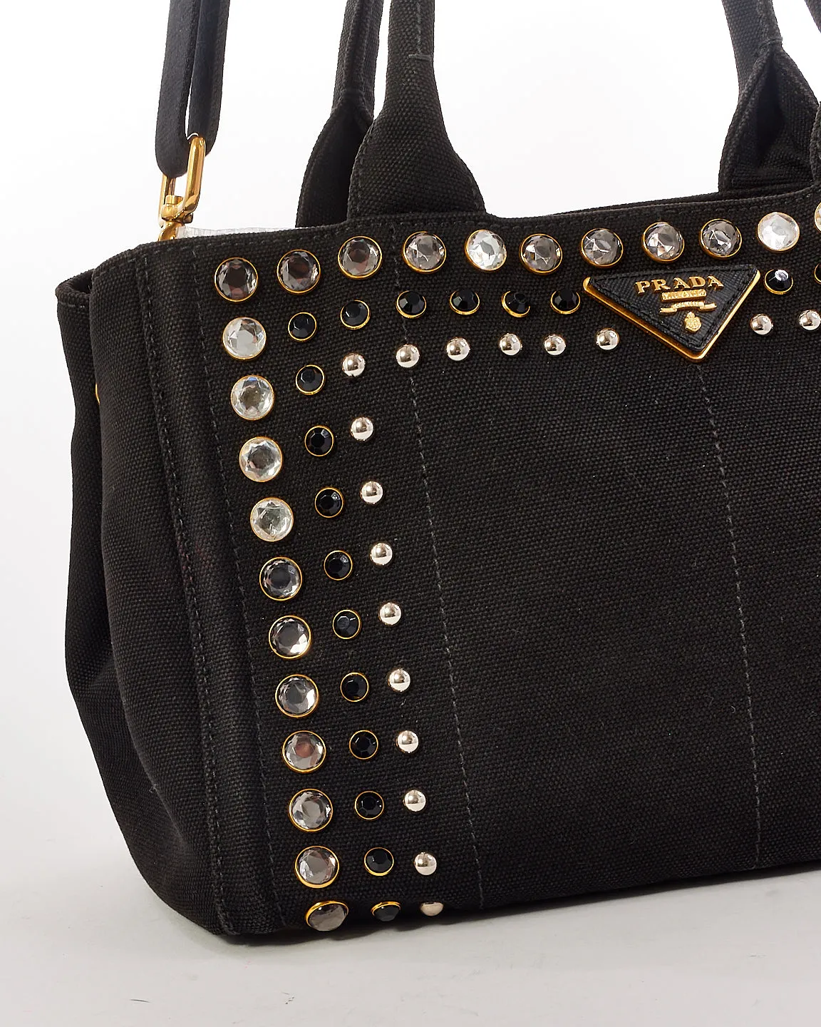 Prada Black Canvas Crystal Embellished Canape Tote with Strap