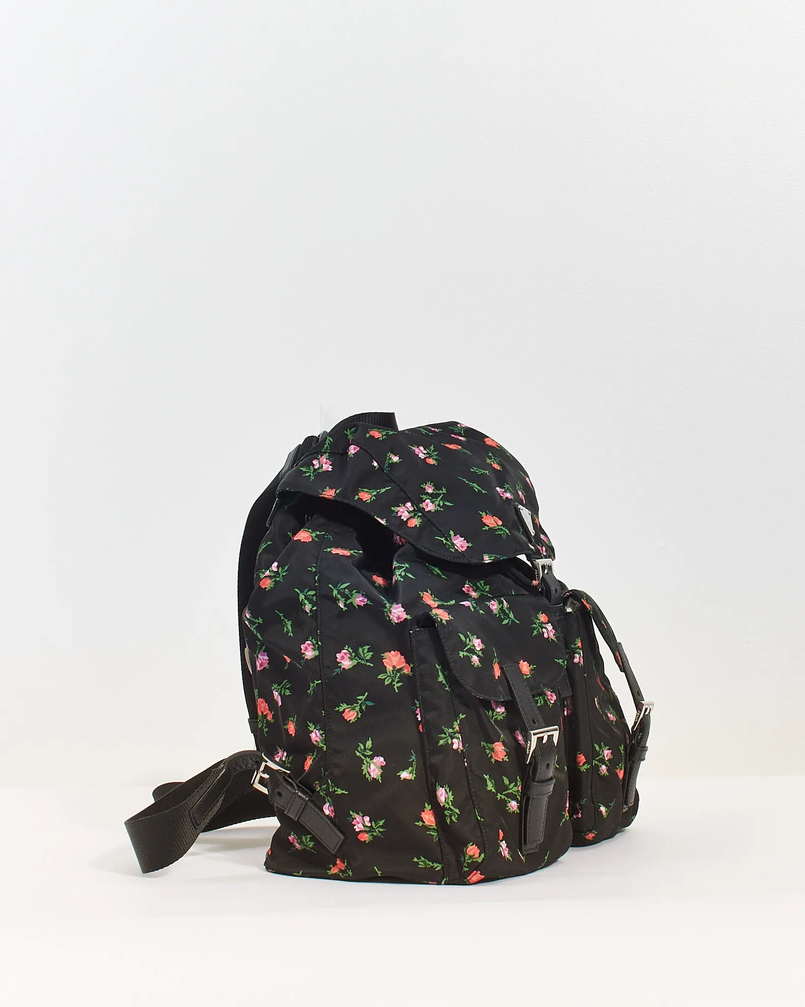 Prada Black Floral Nylon Tessuto Medium Backpack