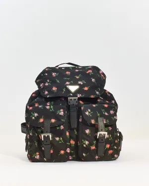 Prada Black Floral Nylon Tessuto Medium Backpack