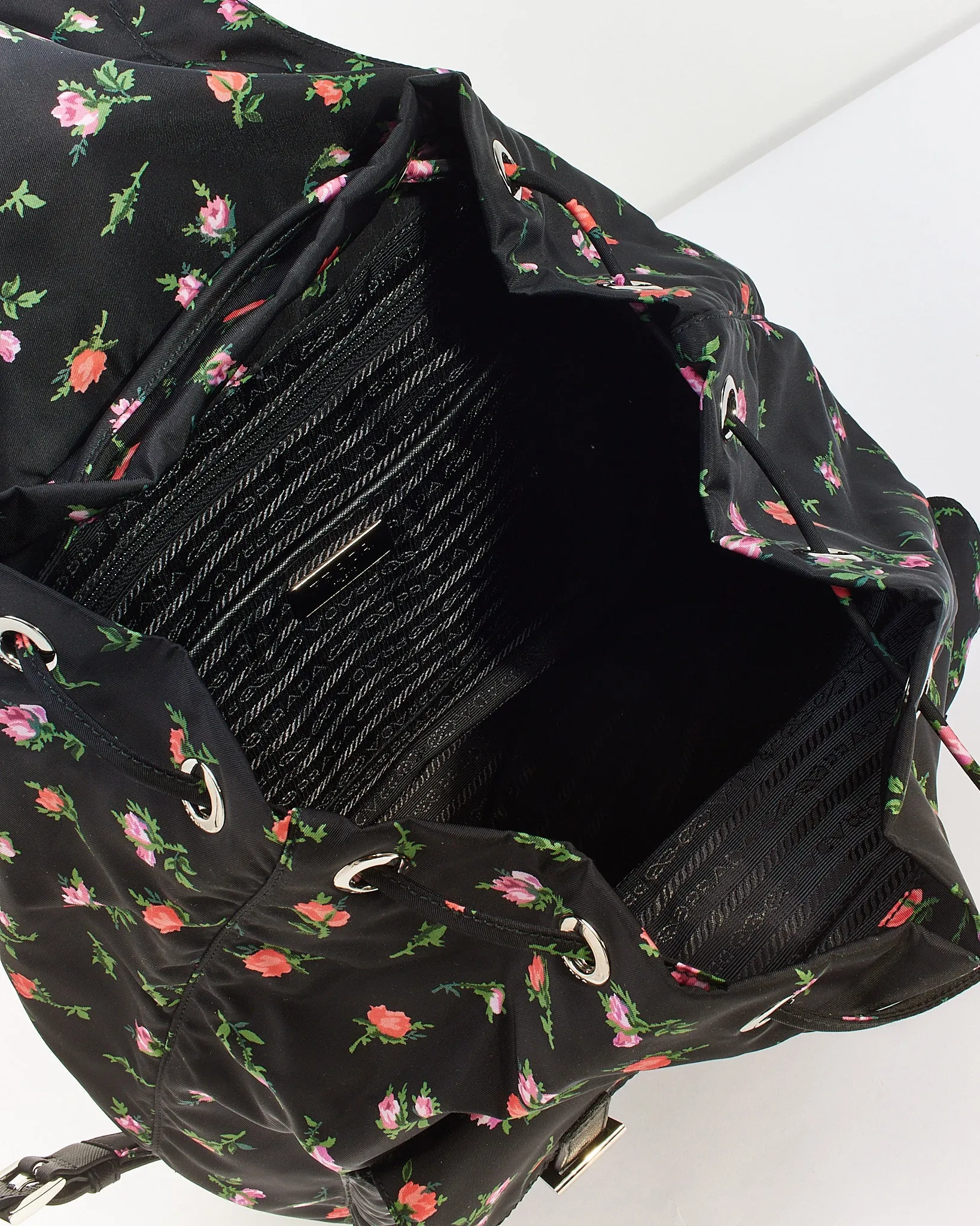 Prada Black Floral Nylon Tessuto Medium Backpack