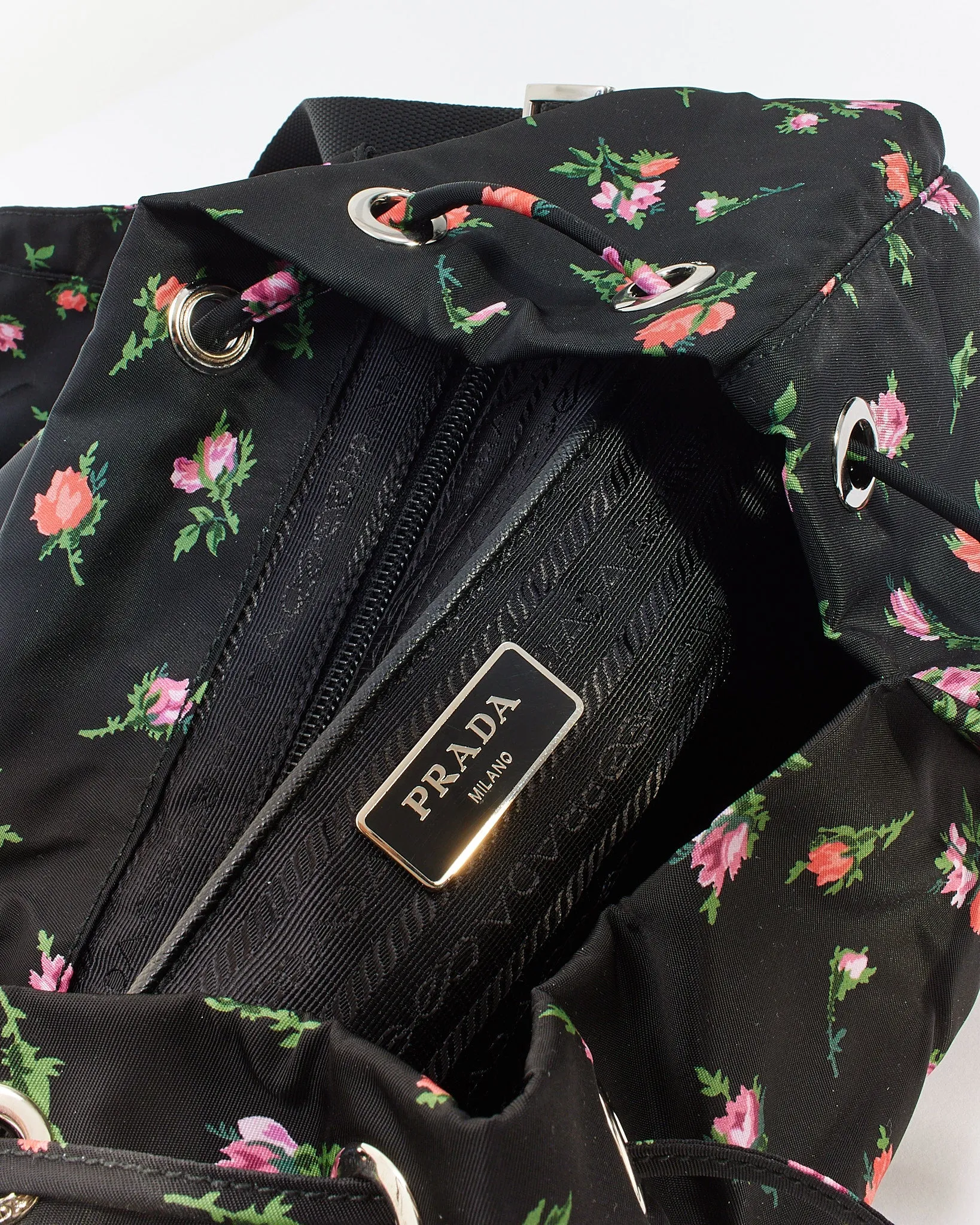 Prada Black Floral Nylon Tessuto Medium Backpack