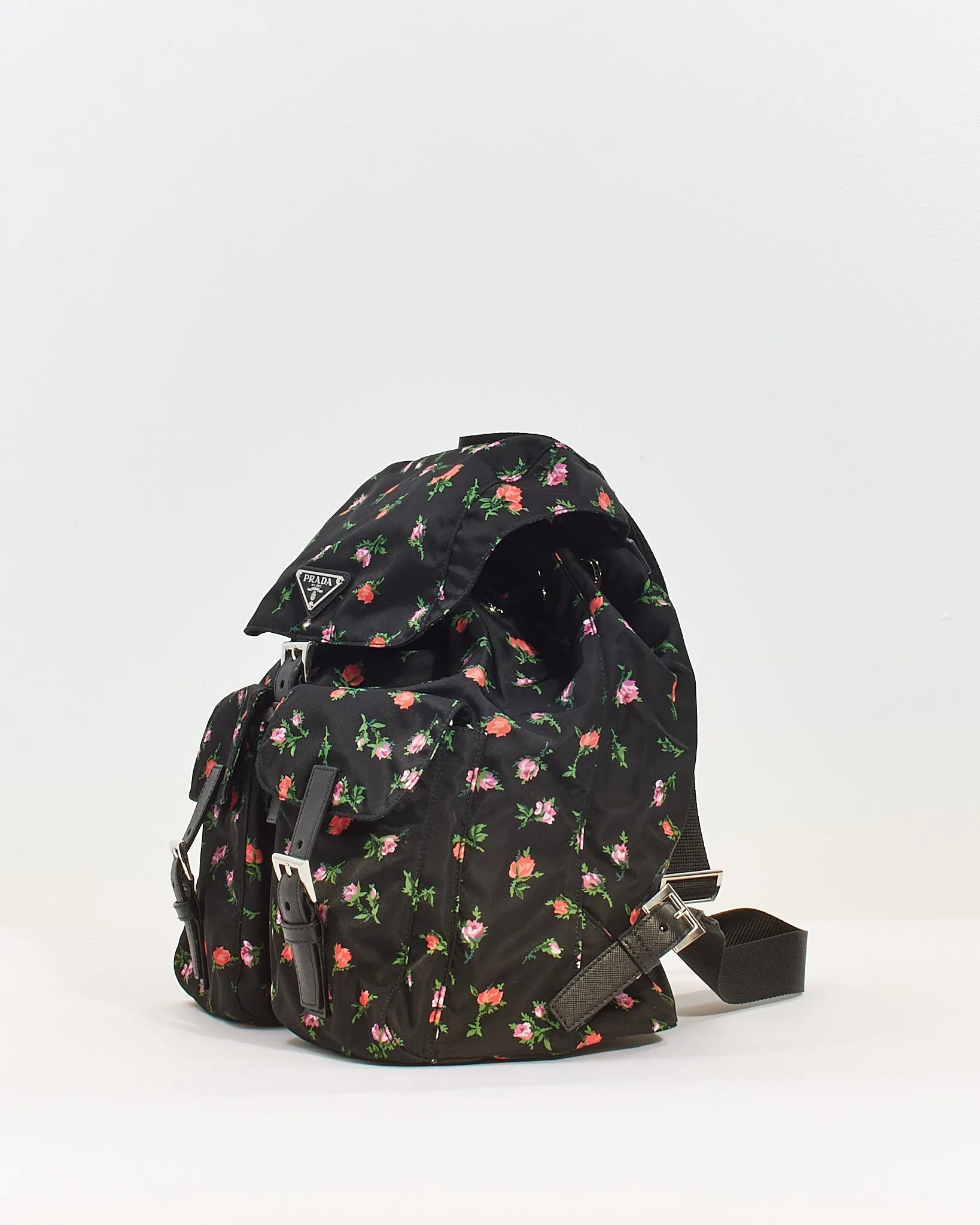 Prada Black Floral Nylon Tessuto Medium Backpack