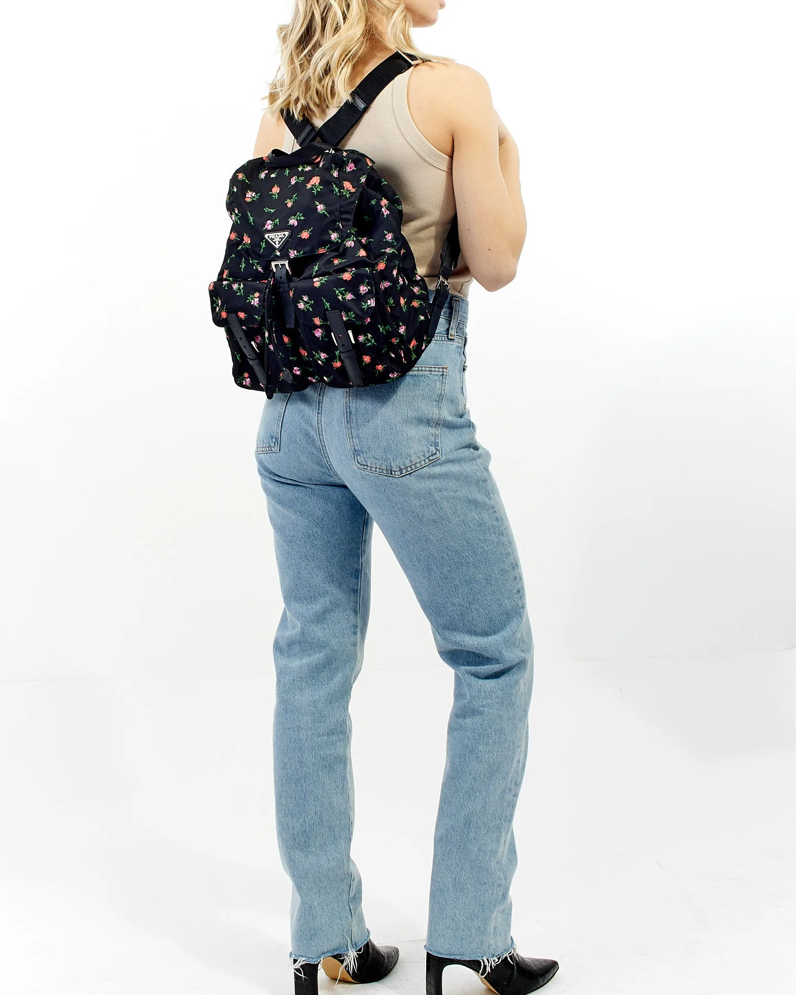 Prada Black Floral Nylon Tessuto Medium Backpack
