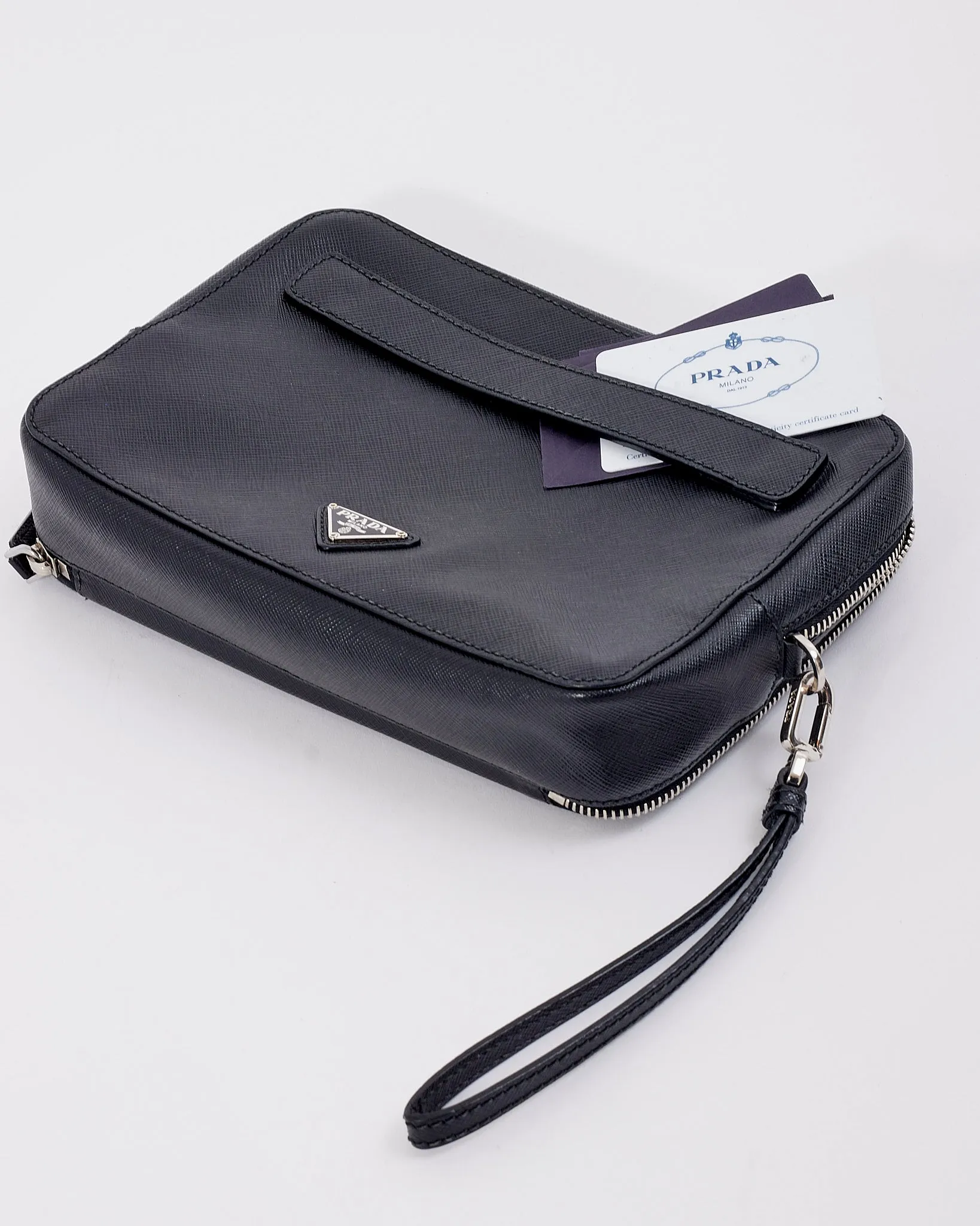 Prada Black Saffiano Leather Wristlet Pouch