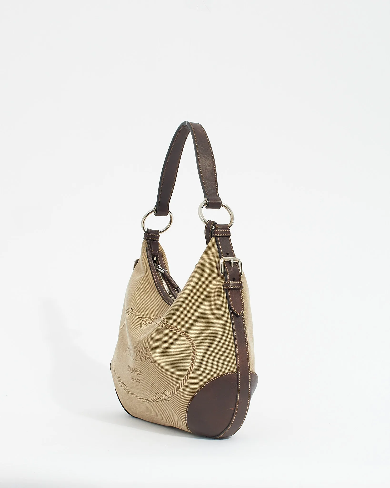 Prada Brown Canvas Logo Jacquard Shoulder Bag