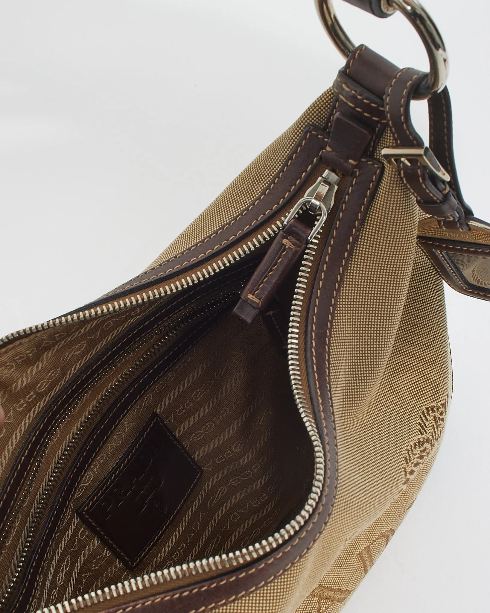 Prada Brown Canvas Logo Jacquard Shoulder Bag