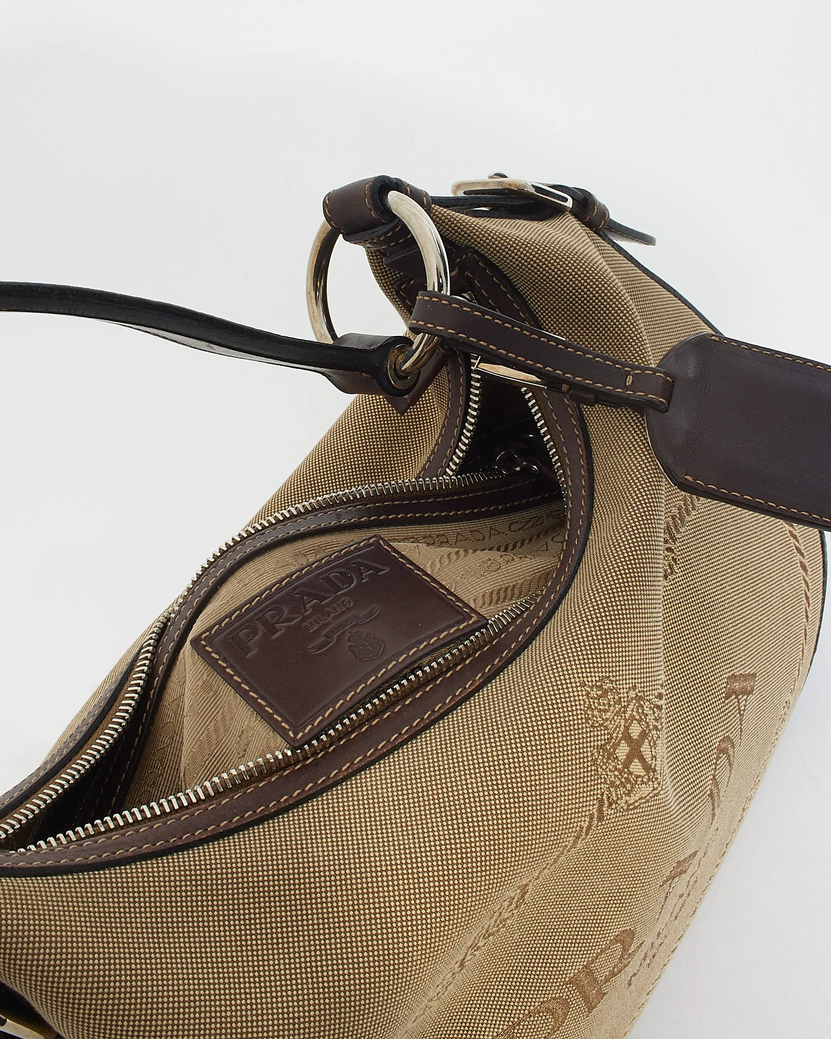 Prada Brown Canvas Logo Jacquard Shoulder Bag