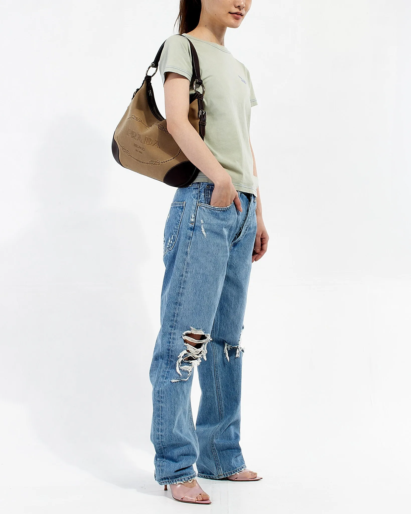 Prada Brown Canvas Logo Jacquard Shoulder Bag