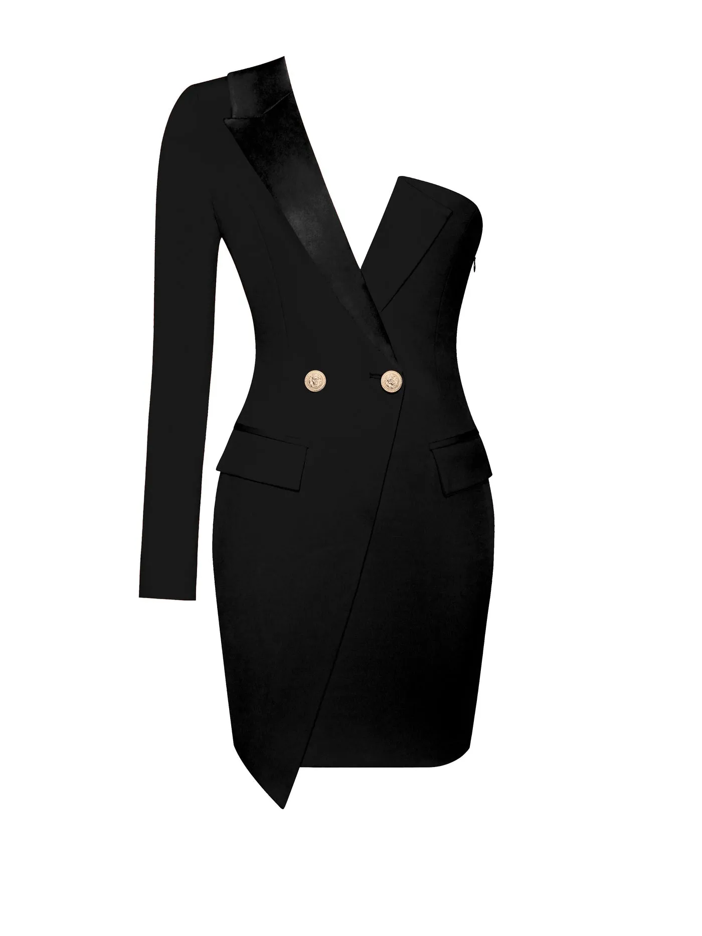 PRE-ORDER Caressa Sleeved Black Crepe Tuxedo Blazer Dress x Black