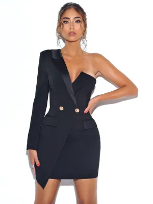 PRE-ORDER Caressa Sleeved Black Crepe Tuxedo Blazer Dress x Black