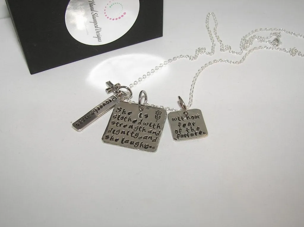 Proverbs 31:25, She is clothed with strength, Hand stamped jewelry, engraved jewelry, hand stamped, religious necklace, personalized jewelry