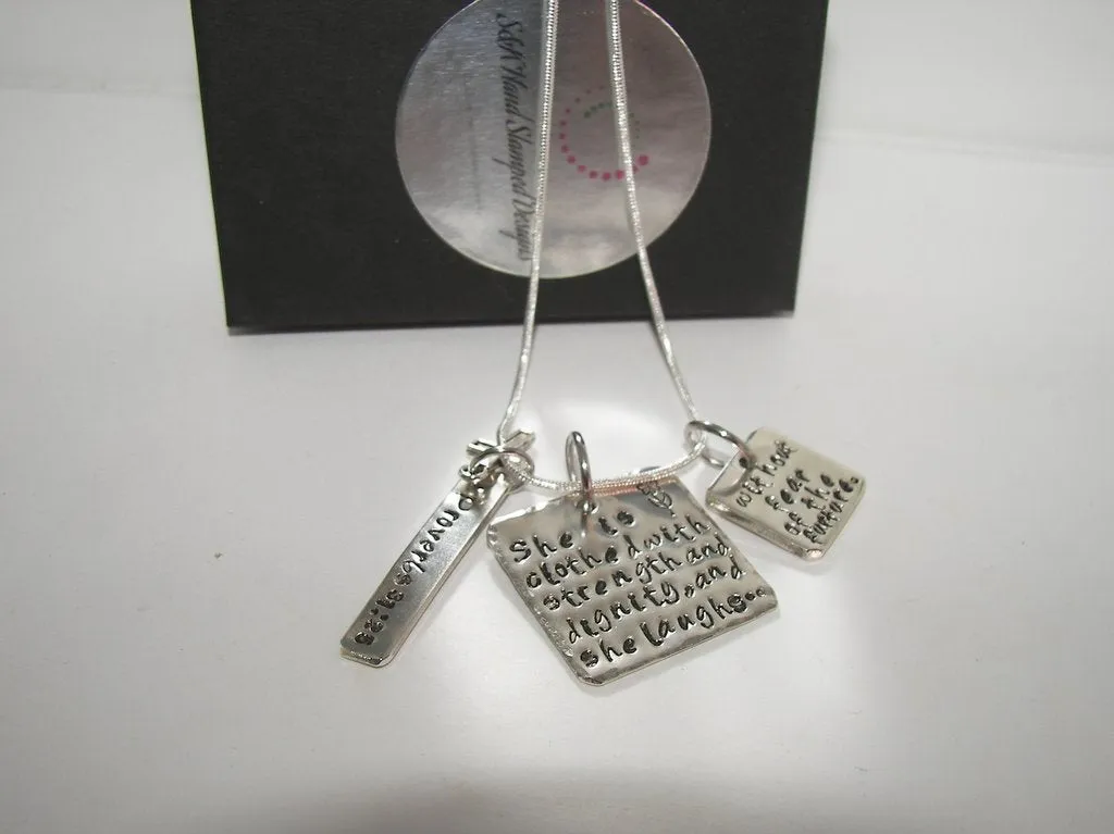 Proverbs 31:25, She is clothed with strength, Hand stamped jewelry, engraved jewelry, hand stamped, religious necklace, personalized jewelry